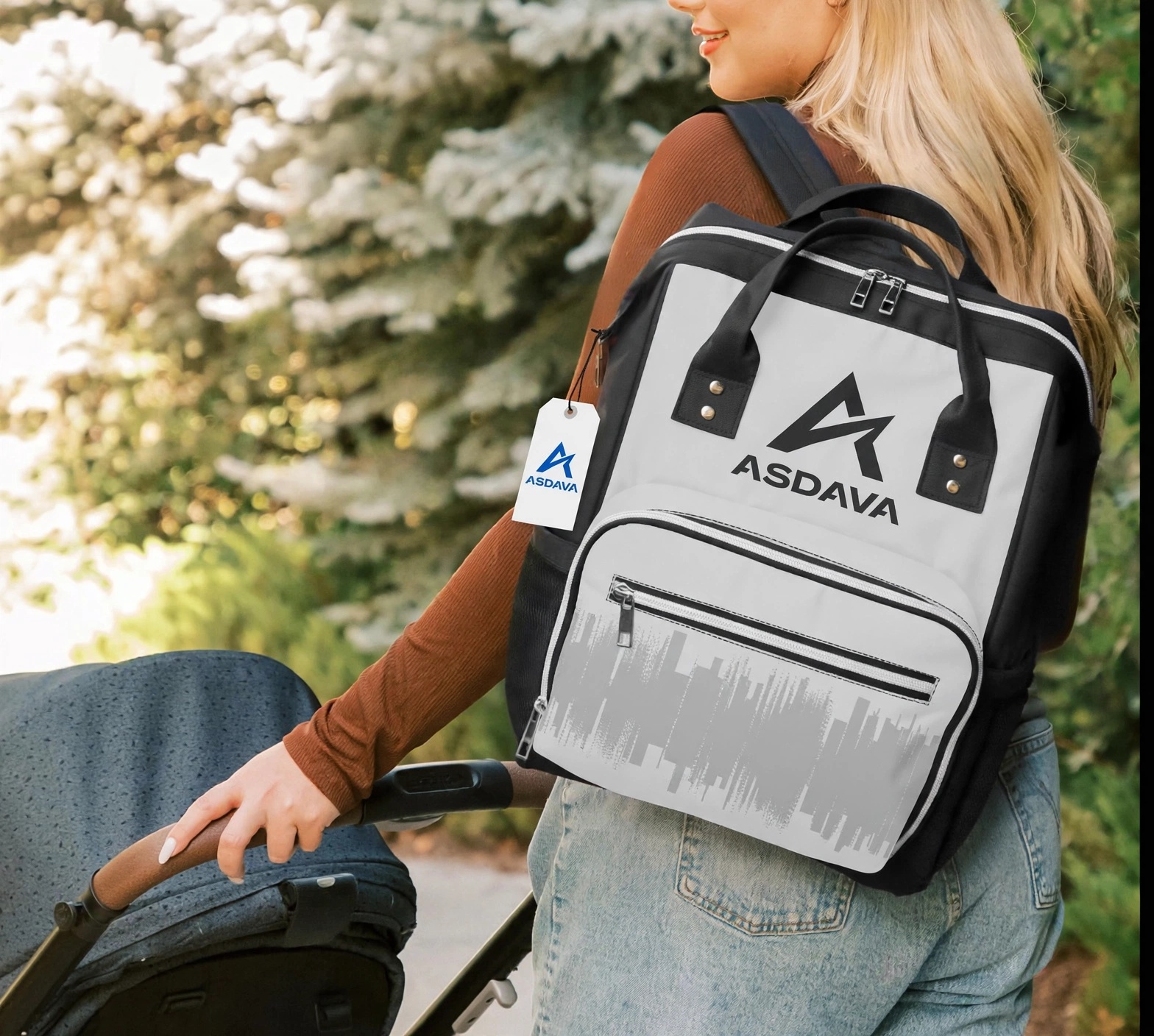 ASDAVA Diaper Backpack - Gray White Black Logo Edition