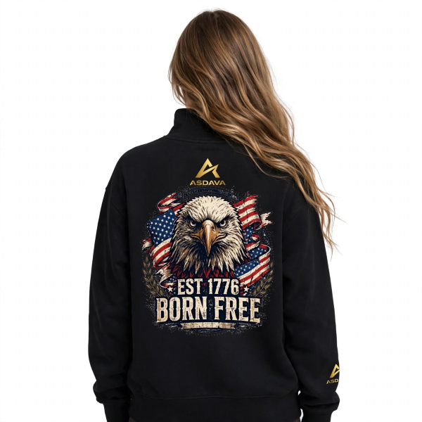 ASDAVA Quarter-Zip Drop Shoulder Sweatshirt - EST 1776 BORN FREE Eagle Print - Black Sweatshirt with Gold Logo