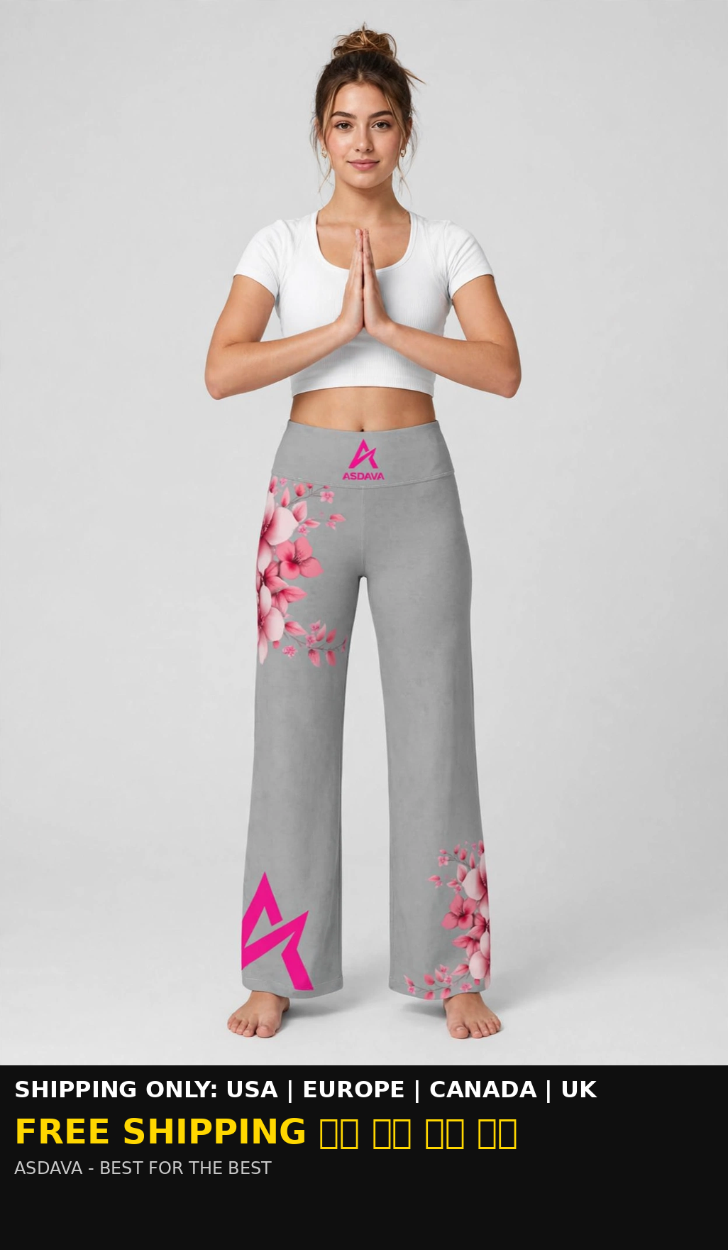 ASDAVA Floral Wide Leg Yoga Pants - Pink Flower  Lounge Pants with Pockets | Best For The Best | High Waist Tummy Control