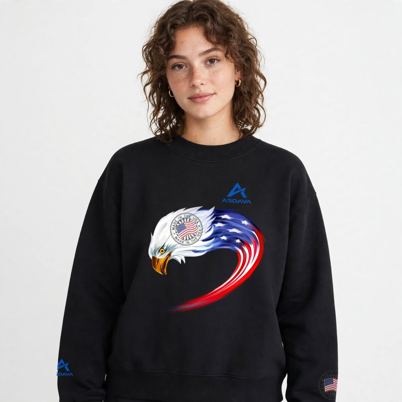 ASDAVA Oversized Sweatshirt - American Eagle Graphic - MADE IN THE USA - Fleece Lined Crewneck - Blue Logo - Unisex Streetwear