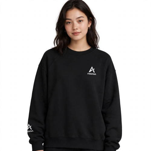 ASDAVA Heavyweight Brushed Fleece Sweatshirt – Minimal White Logo – Black