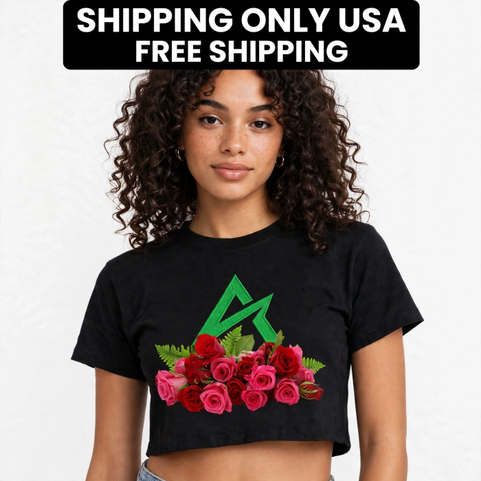 ASDAVA Women's Crop Top - Roses & Green Logo Front - USA Flag Back - 100% Cotton 200GSM - Seamless Loose Fit - ASDAVA Cropped Tee