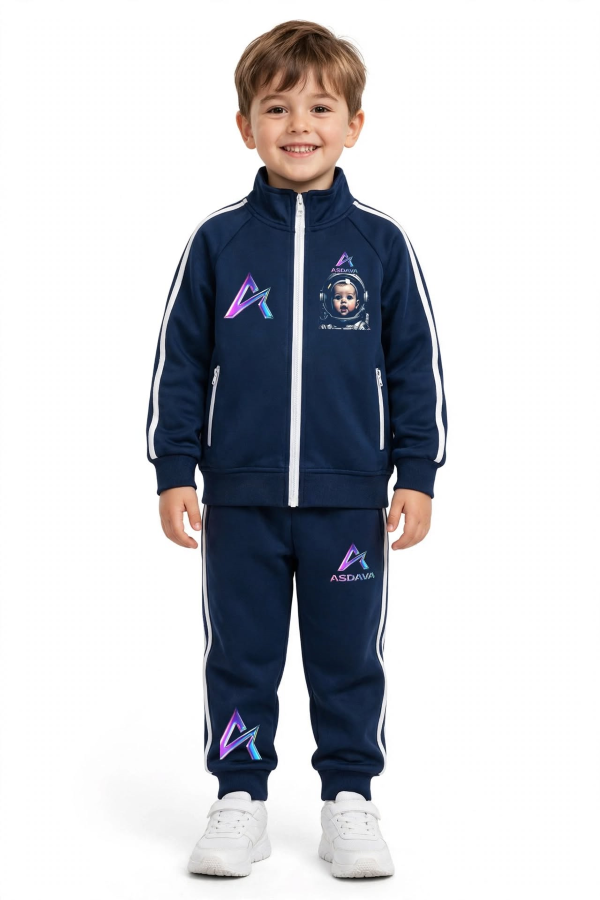 ASDAVA Kids’ Contrast Tape Track Set – Galaxy Baby Astronaut Edition – Coach Jacket + Sweatpants – Navy – 2-Piece Set - Image 3