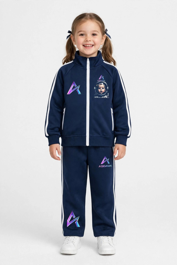 ASDAVA Kids’ Contrast Tape Track Set – Galaxy Baby Astronaut Edition – Coach Jacket + Sweatpants – Navy – 2-Piece Set - Image 2