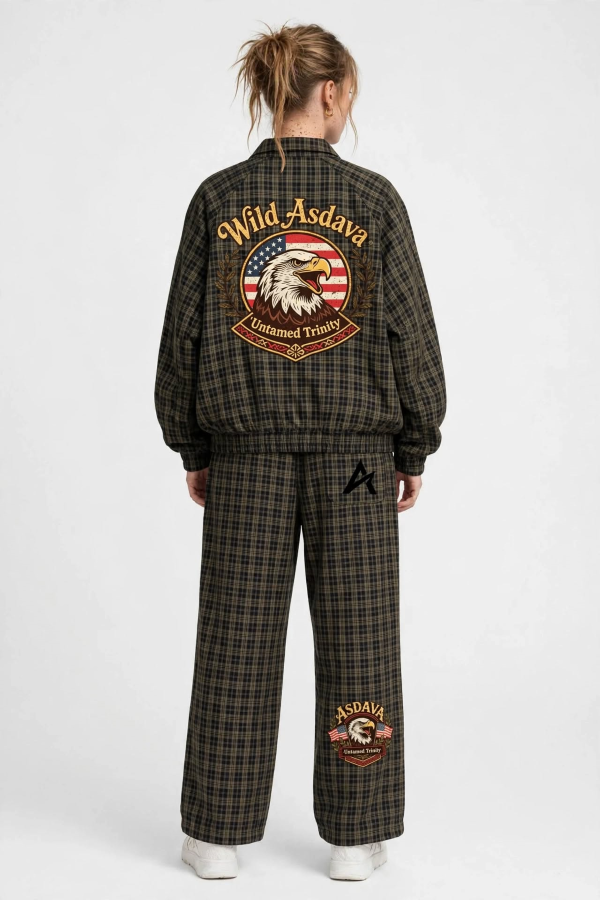 ASDAVA Unisex Plaid Track Set – Wild Asdava Untamed Trinity – Full-Zip Track Jacket + Wide Leg Pants – Olive Plaid - Image 3