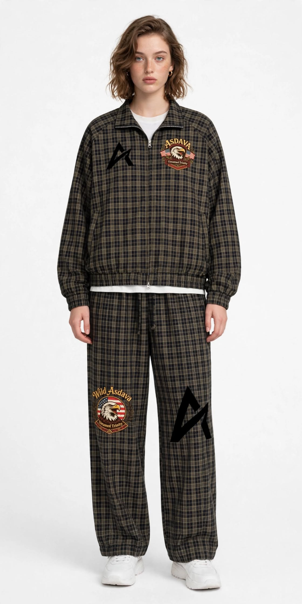 ASDAVA Unisex Plaid Track Set – Wild Asdava Untamed Trinity – Full-Zip Track Jacket + Wide Leg Pants – Olive Plaid