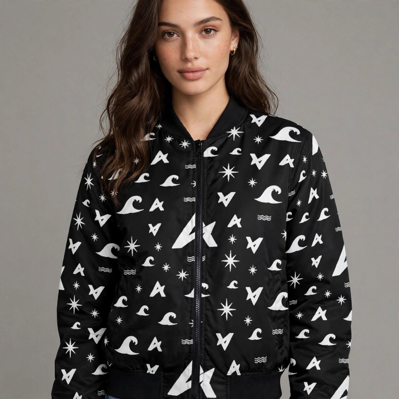 ASDAVA Signature A Logo Bomber Jacket | Black White Star & Wave Pattern